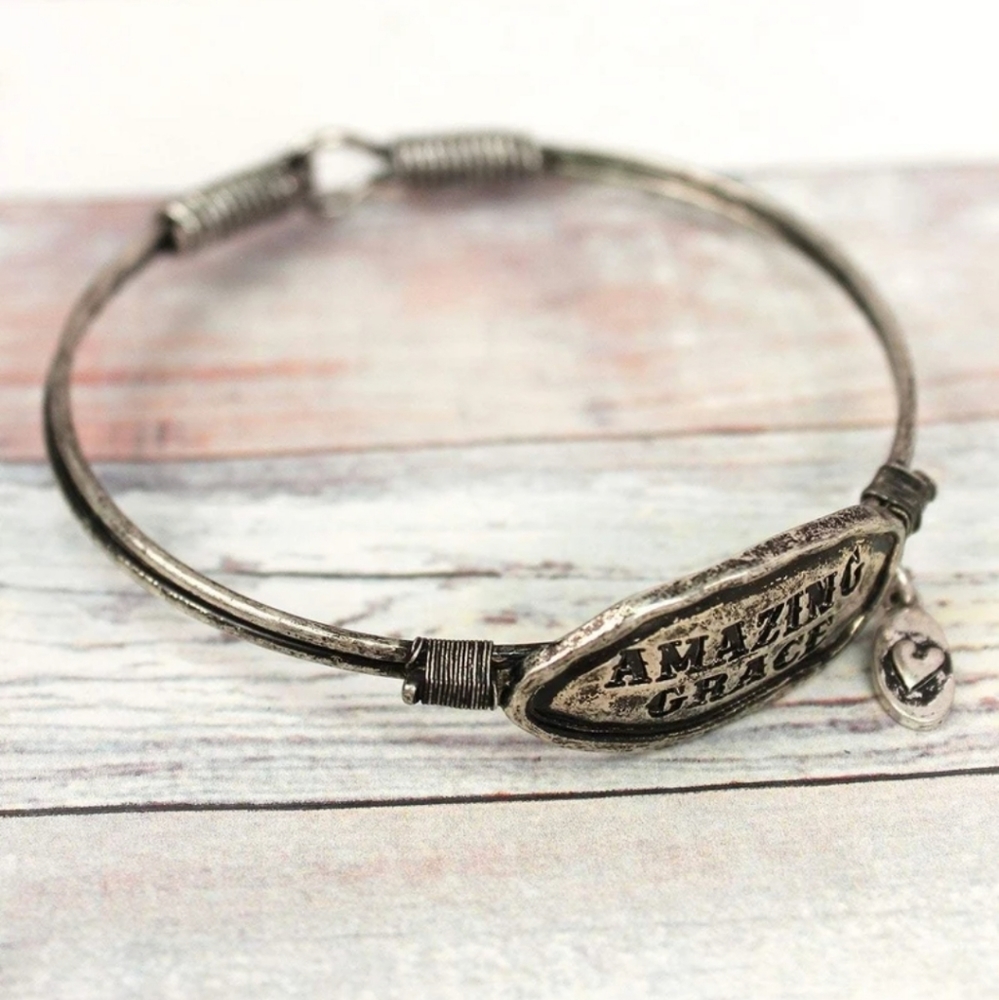 Burnished Silvertone Amazing Grace Wire Bangle - Picture 2 of 4